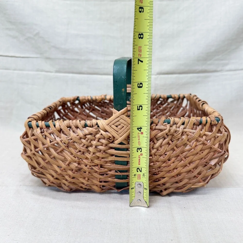 Vintage Wicker Gathering Basket Green Handle Cottage Decor Organizer 1970s